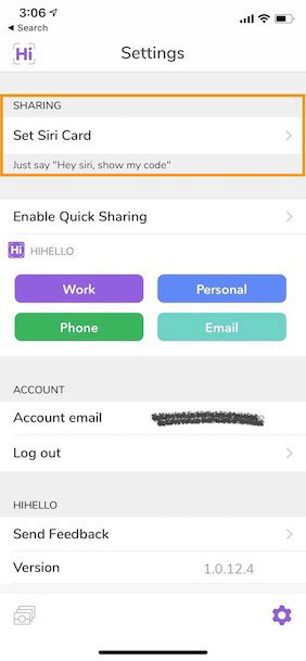 Screen of HiHello settings page showing how to set up sharing with Siri on iPhone