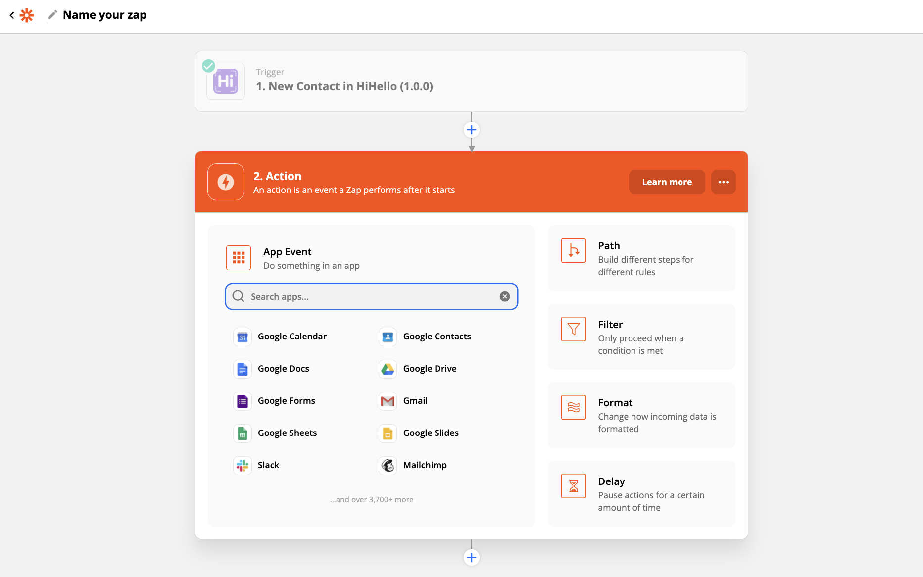 HiHello Zapier integration - search for CRM or workflow.