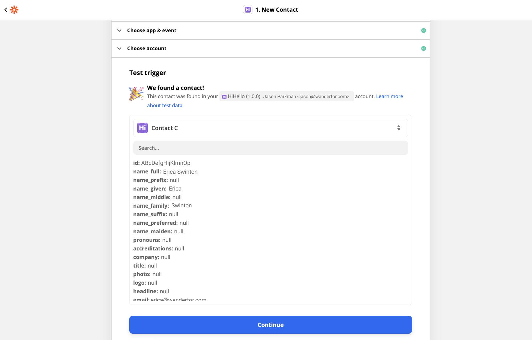 HiHello Zapier integration - test trigger continue