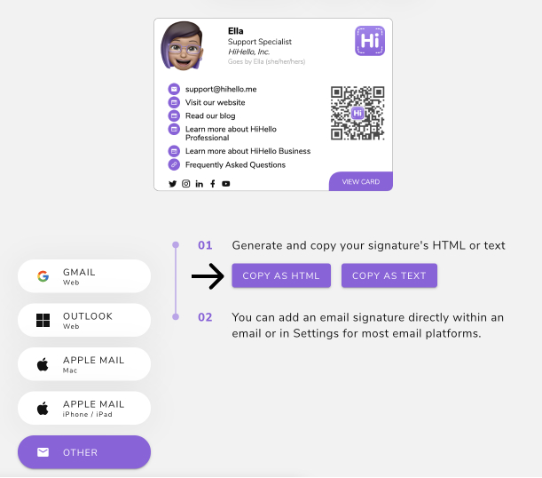HiHello email signatures copy as html
