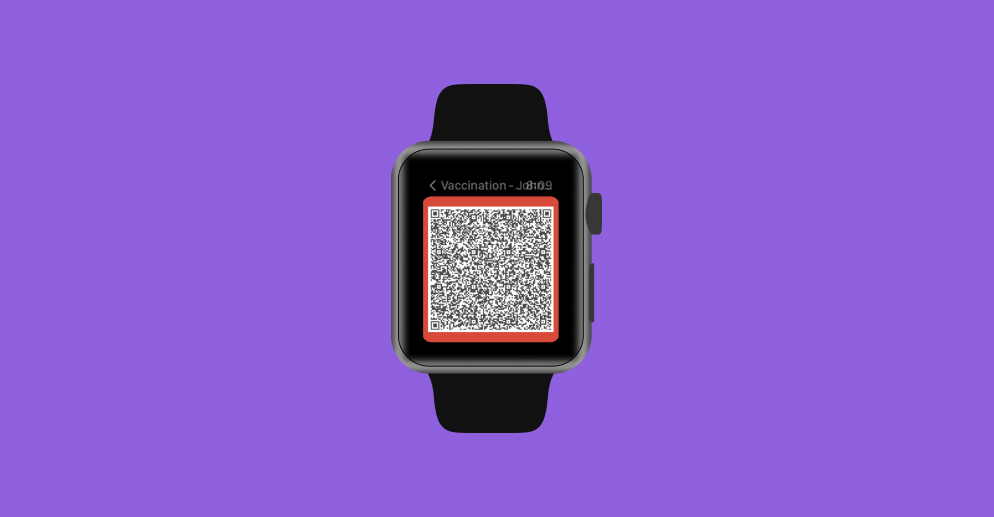 Digital COVID-19 vaccine record widget on an Apple Watch.