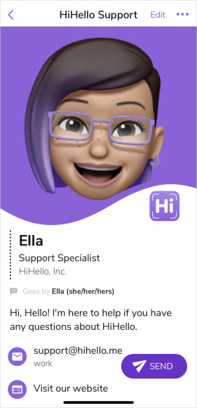 Example of a customer support digital business card on the updated HiHello mobile iOS app