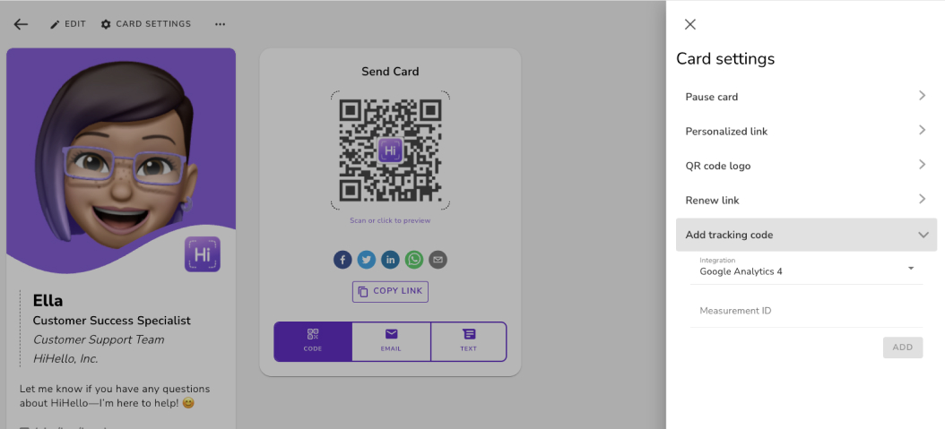 HiHello digital business card web add tracking code for google analytics 4 or universal analytics