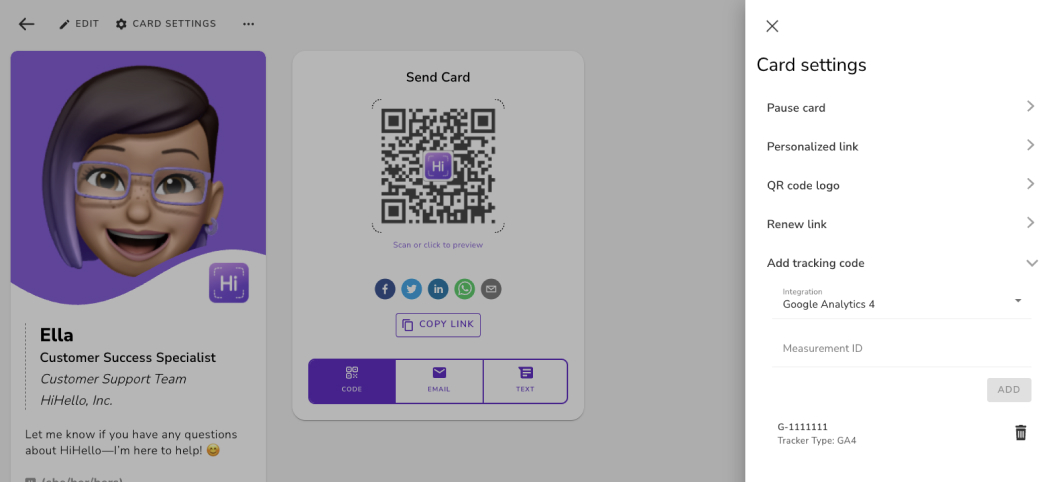 hihello digital business card on web add tracking ID or measurement ID