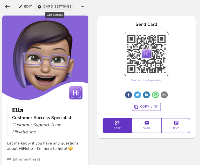 HiHello digital business card on web card settings