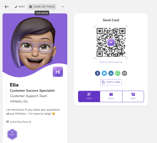 HiHello digital business card card settings