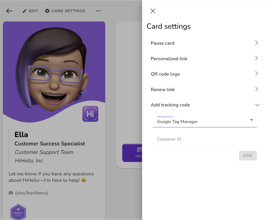 HiHello digital business card add tracking code in card settings