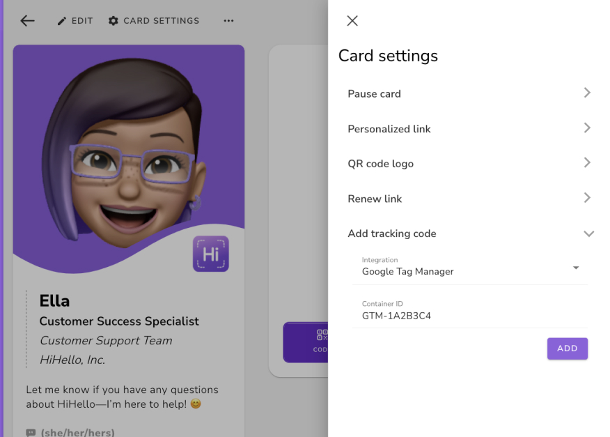 HiHello digital business card add google tag manager container ID