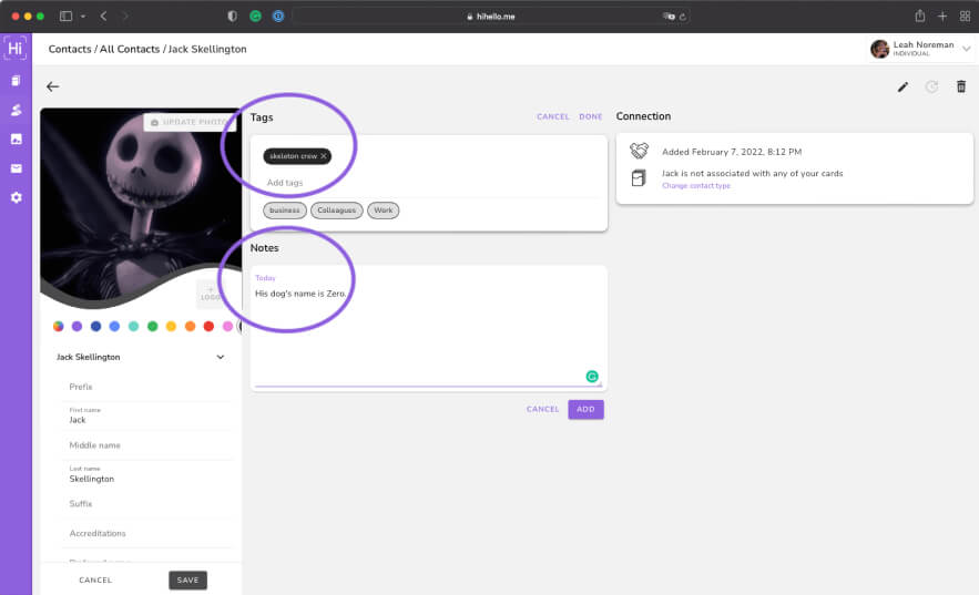 HiHello web app add notes and tags to contacts