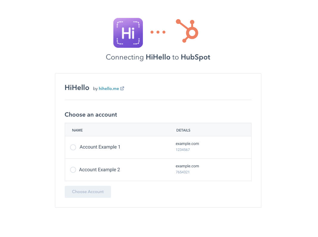 HiHello Business Hubspot choose account