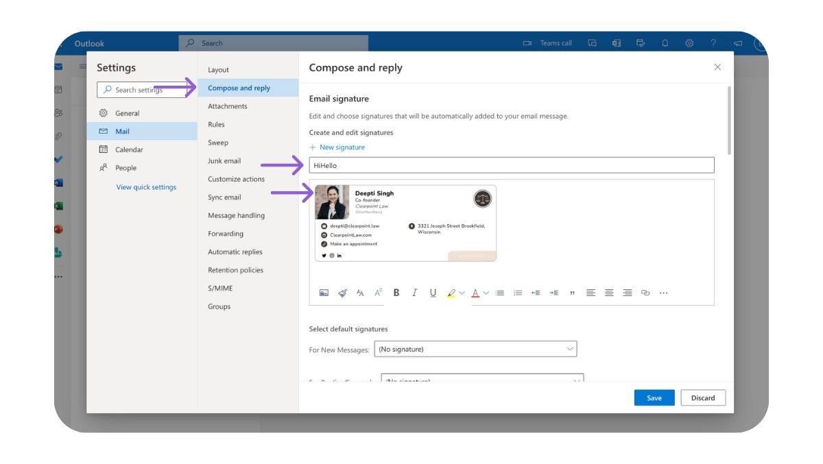 Microsoft Outlook email signature settings