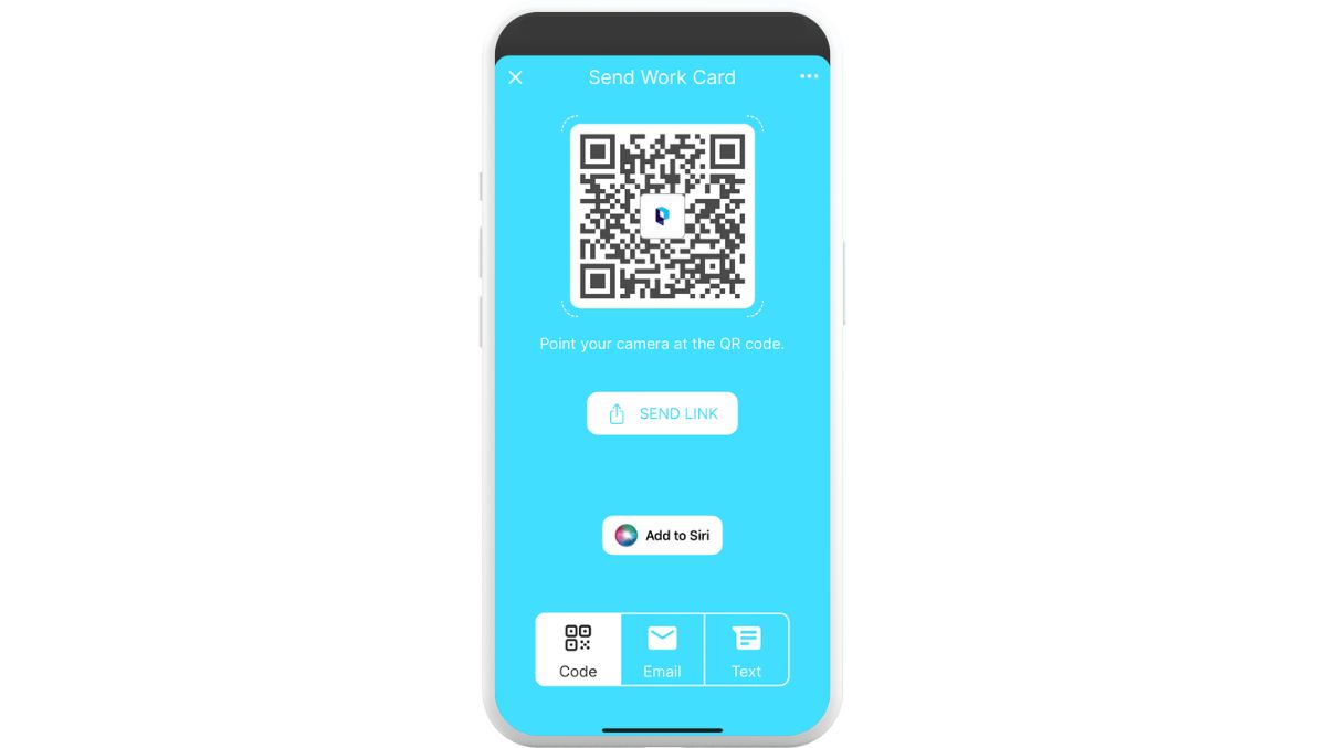 Share your digital business card via QR code, link, email, text, and more. 