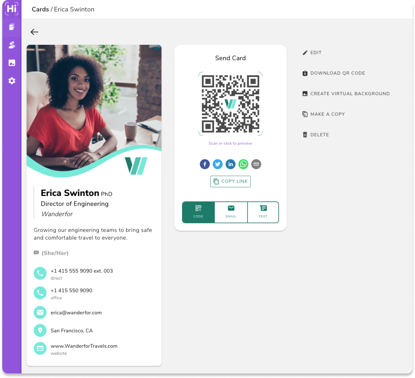 The HiHello virtual business card web app allows you to access your business cards from your desktop.