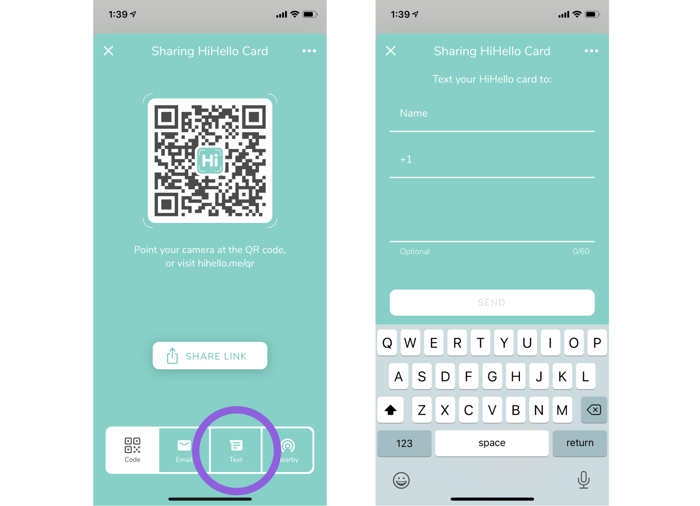 Text your digital business card to someone directly from within the HiHello app.