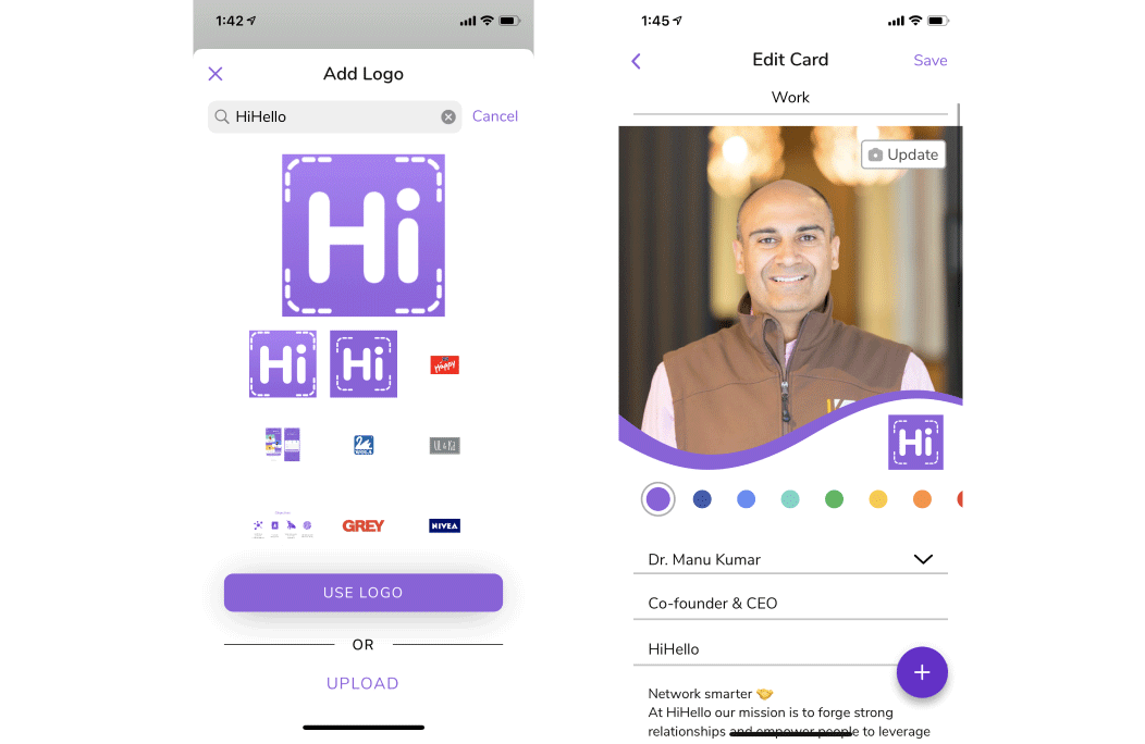 Add your company's logo to your digital business card using HiHello's logo search tool.