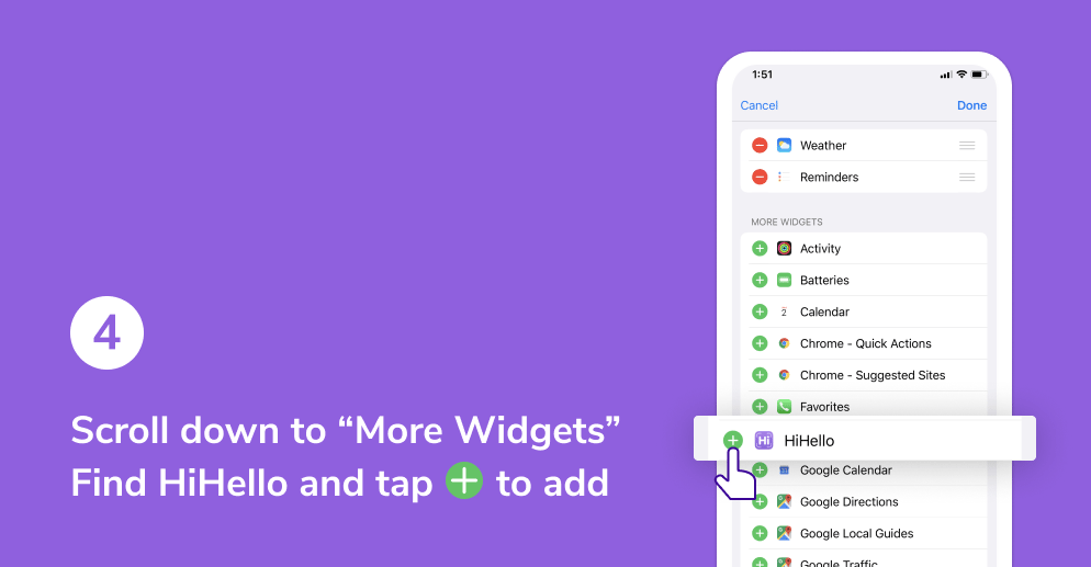 HiHello widget on iOS tutorial. Scroll to more widgets, add HiHello