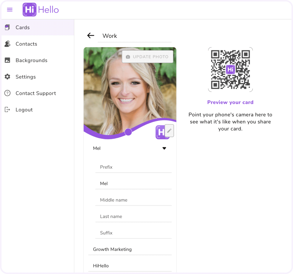 Edit your digital business card in the HiHello web app.