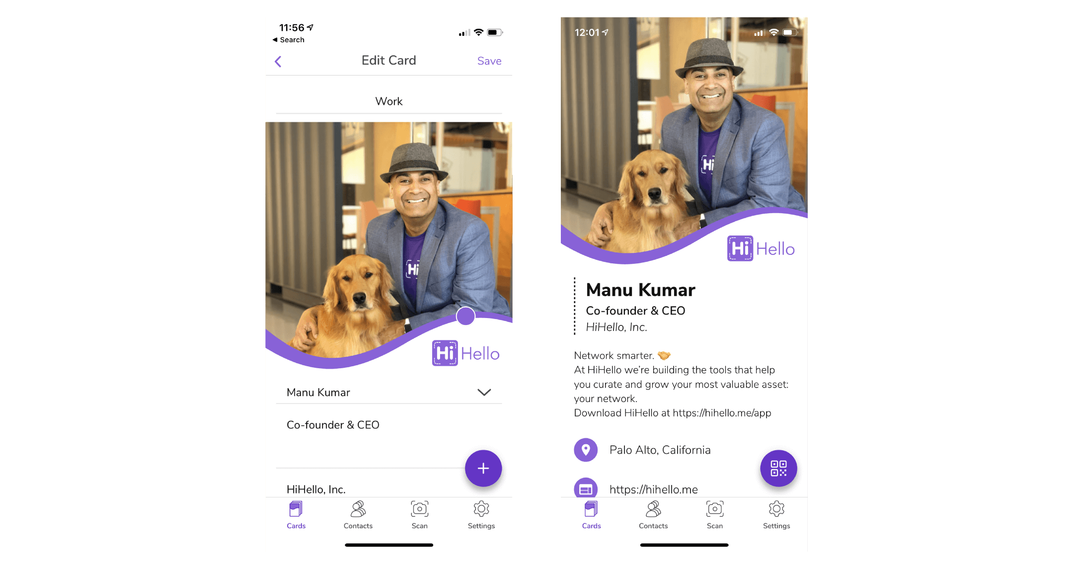 Add a company logo and a headline to your digital business card. Dr. Manu Kumar with his golden retriever dog.