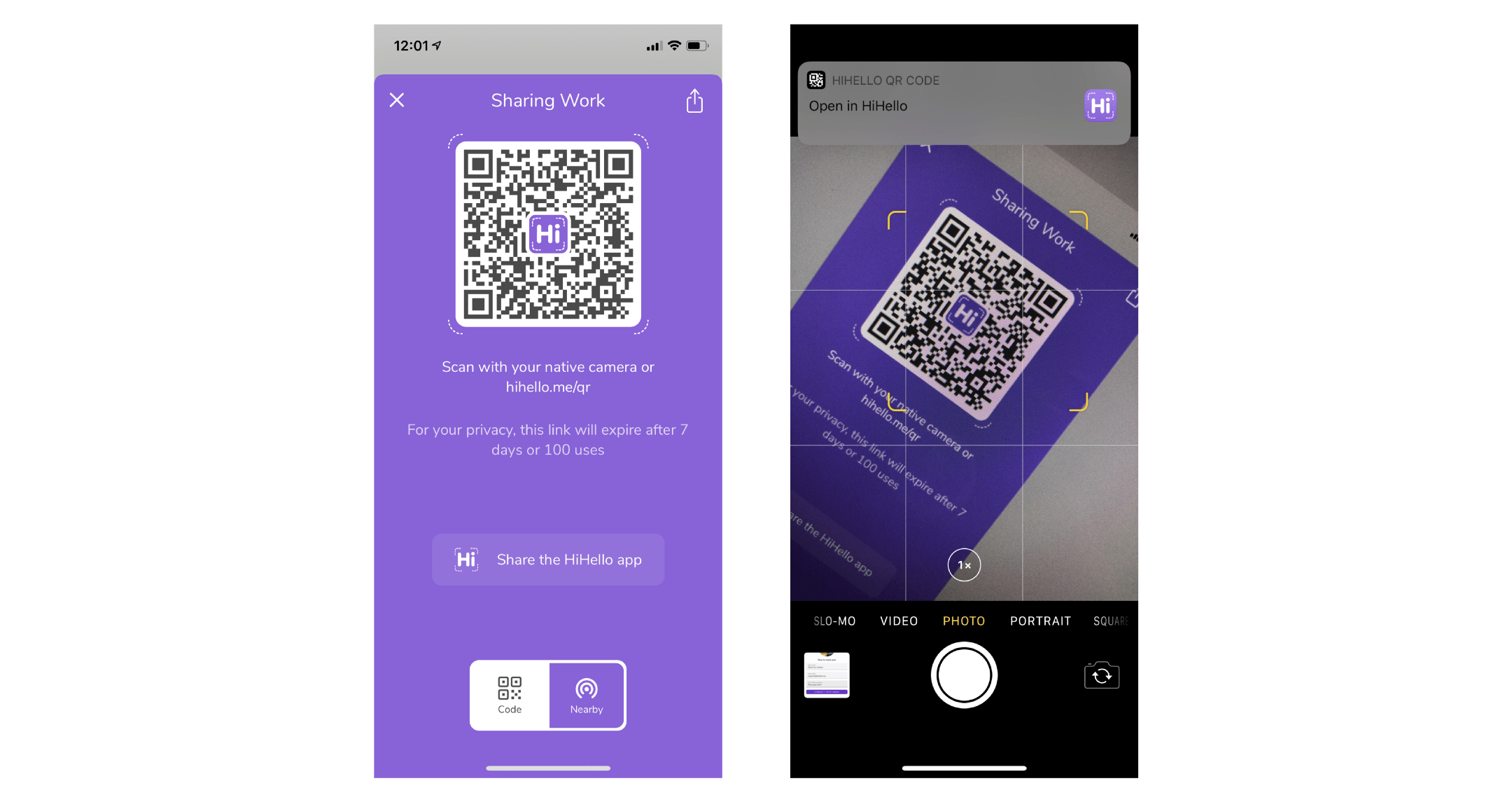 Phone scanning a HiHello QR code