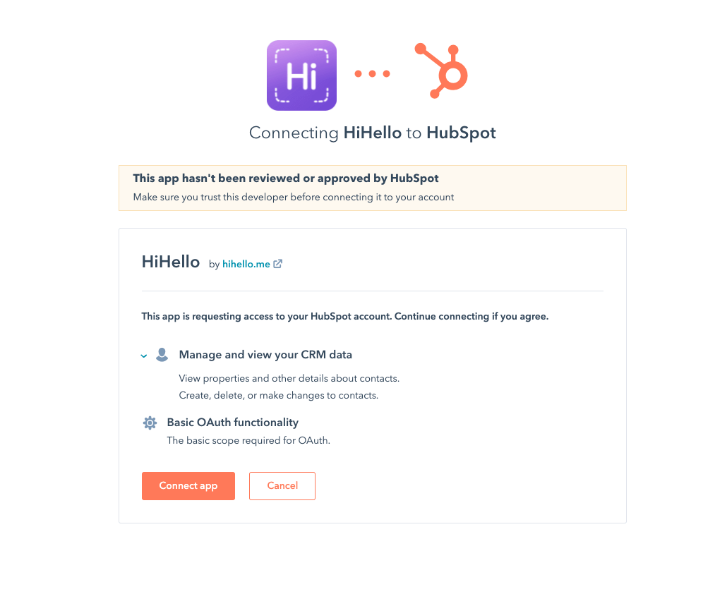 HiHello Business Hubspot integration