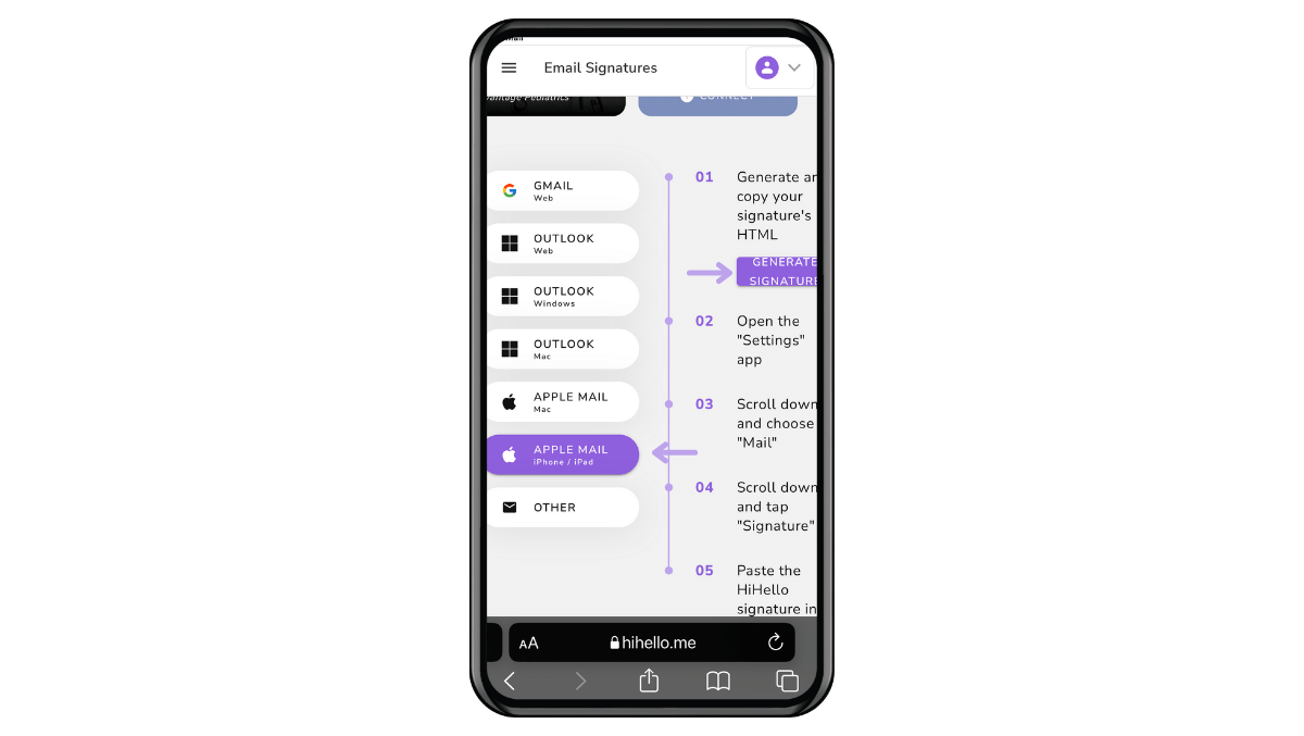 HiHello email signature generator on mobile