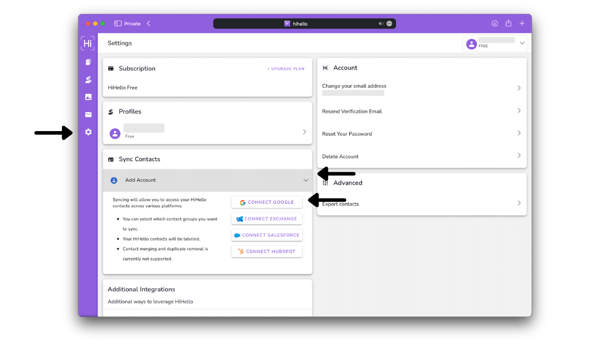 to begin importing contacts from Google go to your HiHello account settings