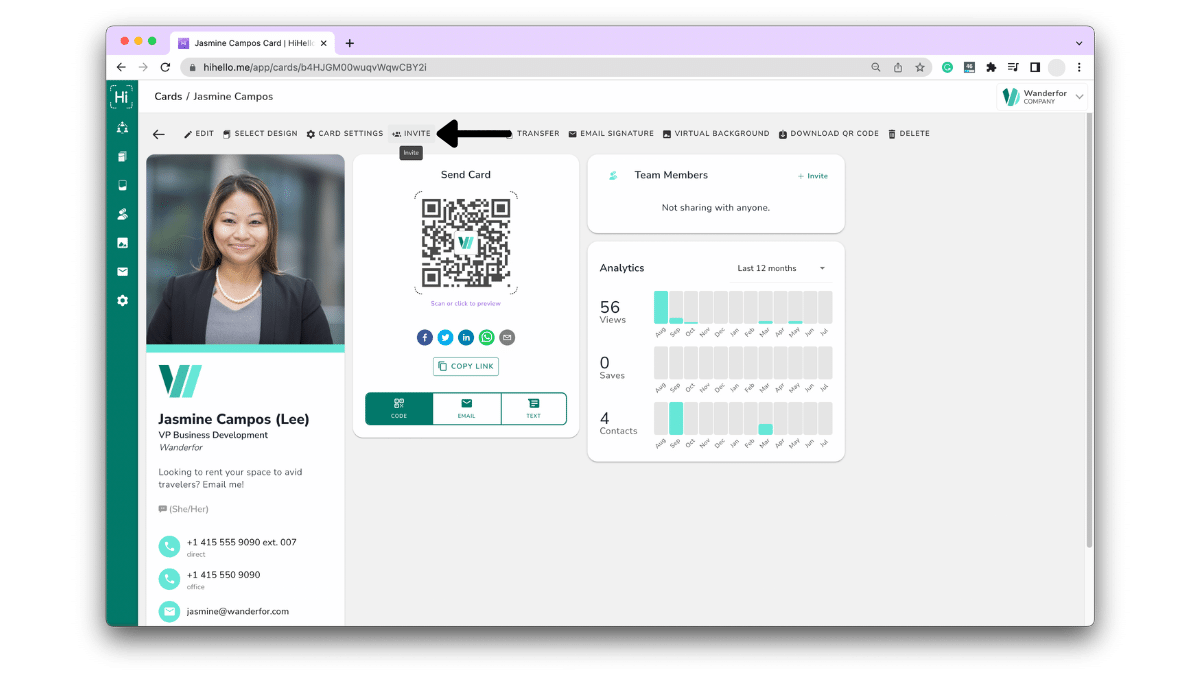 Click invite to invite a user to share a card